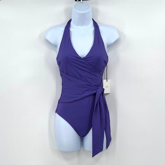 ONIA Elena One Piece Swimsuit Womens Small Purple Halter Wrap Waist Tie NEW - Picture 4 of 13